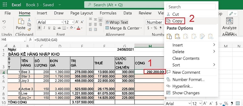 Click chuột phải vào ô chứa công thức cần sao chép và nhấn Copy