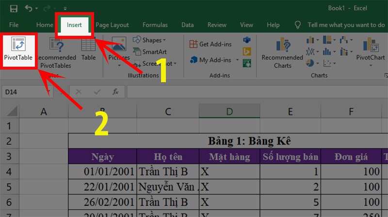 nhấp vào PivotTable