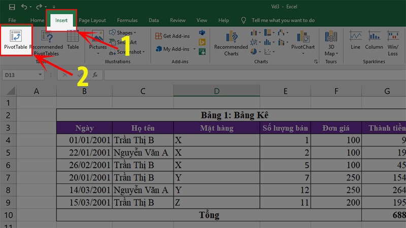 nhấp chọn PivotTable