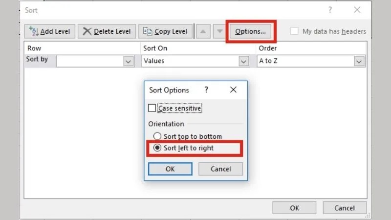 Chọn Sort left to right và nhấn OK