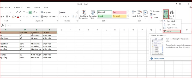 chọn tab Data và nhấn vào tính năng Filter