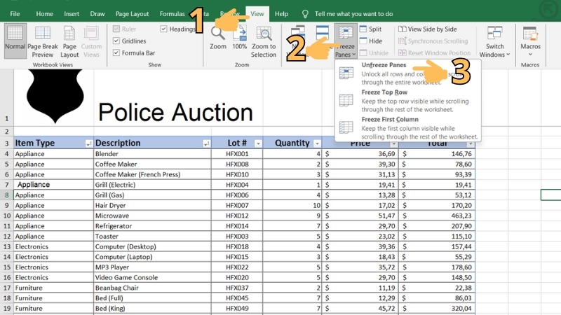 chọn tùy chọn Unfreeze Panes