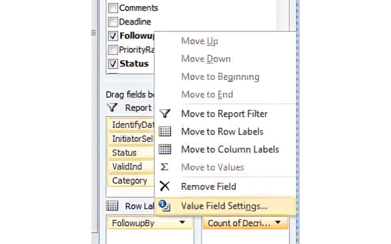 chọn Value Field Settings