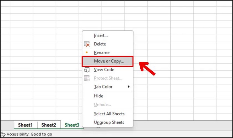 click chuột phải vào một trong các sheet đã chọn và chọn Move or Copy