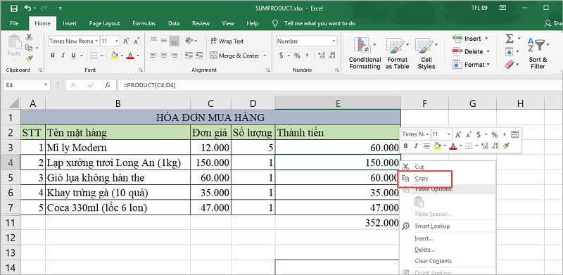 click chuột phải vào ô muốn sao chép giá trị và nhấn chọn Copy