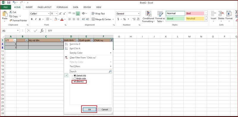 tích vào Blanks và nhấn OK