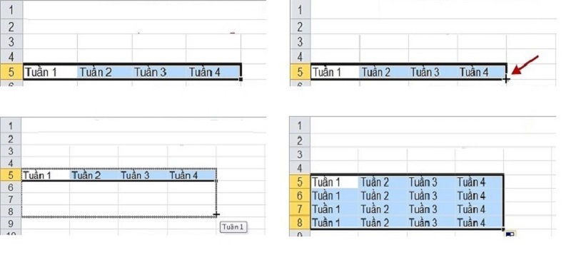 copy đơn giản trong excel bằng cách kéo thả chuột trái