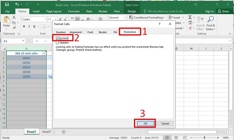 đánh dấu tích vào ô Locked để khóa các ô đã chọn và nhấn OK