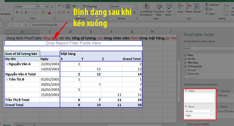 định dạng của PivotTable sau khi kéo xuống