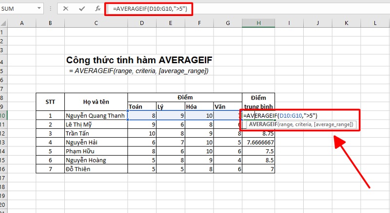 hàm AVERAGEIF tính trung bình cộng với một điều kiện