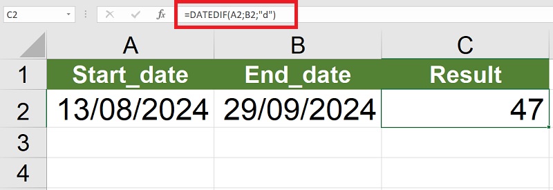 sử dụng hàm DATEDIF với đơn vị là "d"