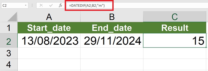 sử dụng hàm DATEDIF với đơn vị là "m"