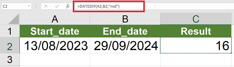 sử dụng hàm DATEDIF với đơn vị là "md"