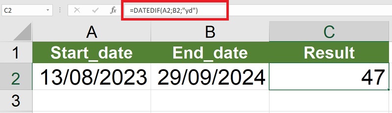 sử dụng hàm DATEDIF với đơn vị là "yd"