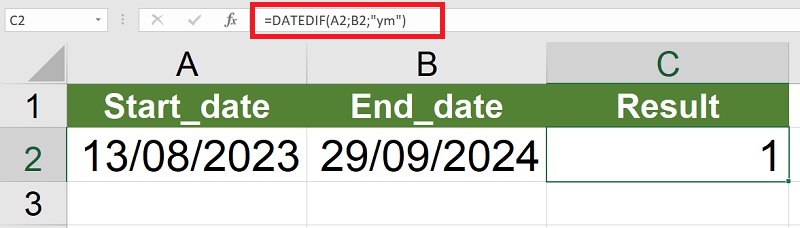 sử dụng hàm DATEDIF với đơn vị là "ym"