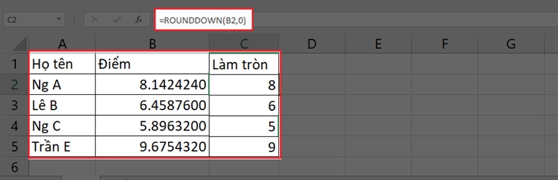 hàm ROUNDDOWN với Num_digits = 0