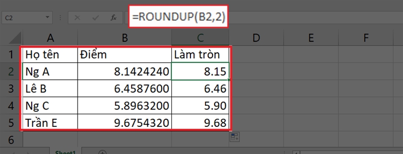 hàm ROUNDUP với Num_digits > 0