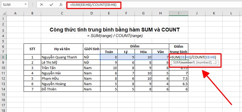 kết hợp hàm SUM và hàm COUNT