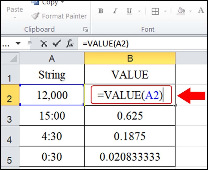 Nhập công thức =VALUE(A1) vào ô A2