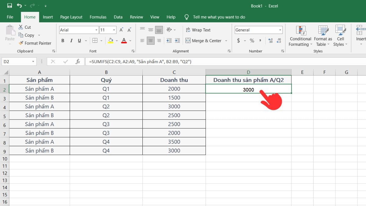 Excel hiển thị kết quả tại ô D2