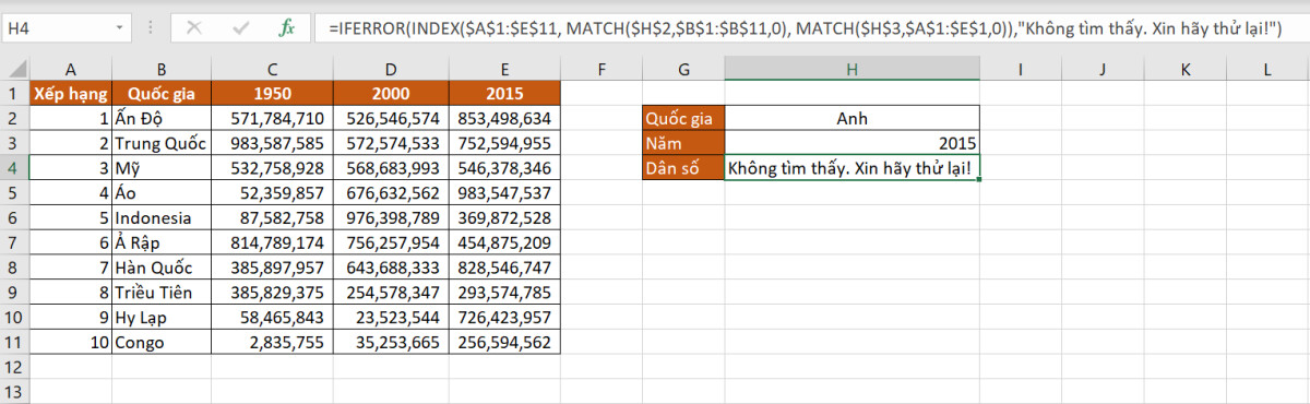 kết hợp hàm INDEX và MATCH với hàm IFERROR