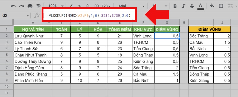 kết hợp hàm INDEX và MATCH với hàm VLOOKUP