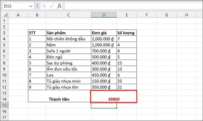 hiển thị kết quả tính tổng