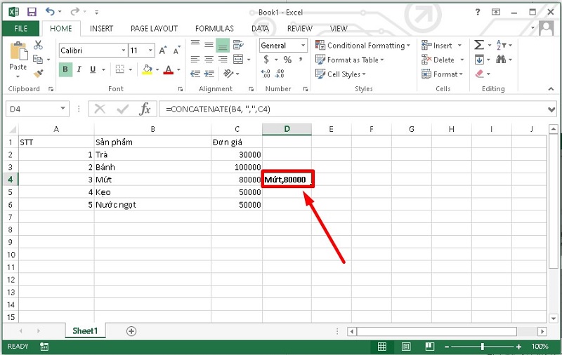 kết quả gộp ô bằng hàm CONCATENATE