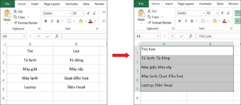 kết quả sau khi gộp ô bằng công cụ Merge Cells for Excel