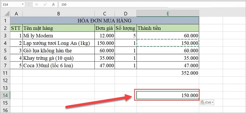 kết quả sau khi thực hiện lệnh Paste Values