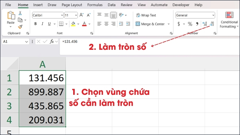 sử dụng công cụ làm tròn số trên thanh công cụ