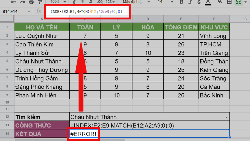 Lỗi #ERROR! khi sử dụng hàm INDEX và MATCH