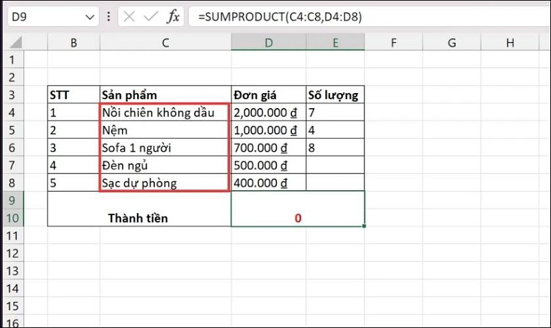 Lỗi kết quả trả về bằng 0 khi dùng hàm SUMPRODUCT