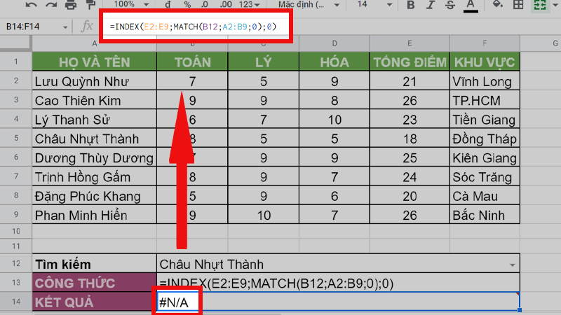 Lỗi #N/A khi sử dụng hàm INDEX và MATCH