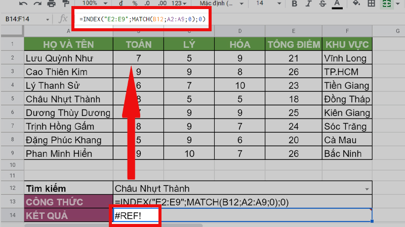 Lỗi #REF! khi sử dụng hàm INDEX và MATCH