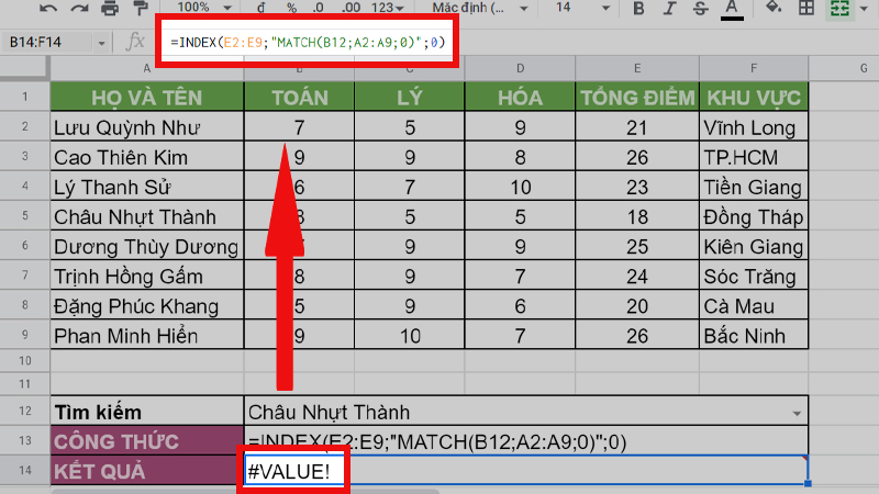 Lỗi #VALUE! khi sử dụng hàm INDEX và MATCH