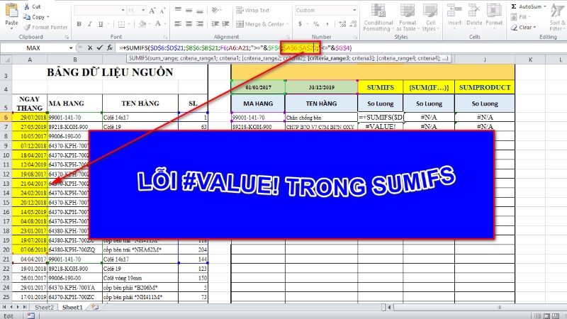 Lỗi VALUE! khi dùng hàm SUMIFS