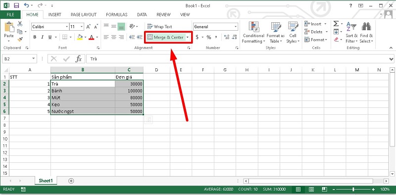 nhấn chọn Merge & Center