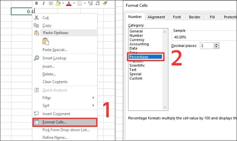 Trong mục Format Cells, nhấn chọn Percentage