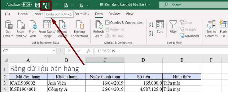 bỏ Sort trong Excel bằng chức năng Undo