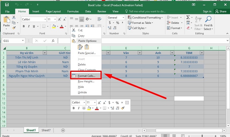 nhấn chuột phải và chọn Format Cells