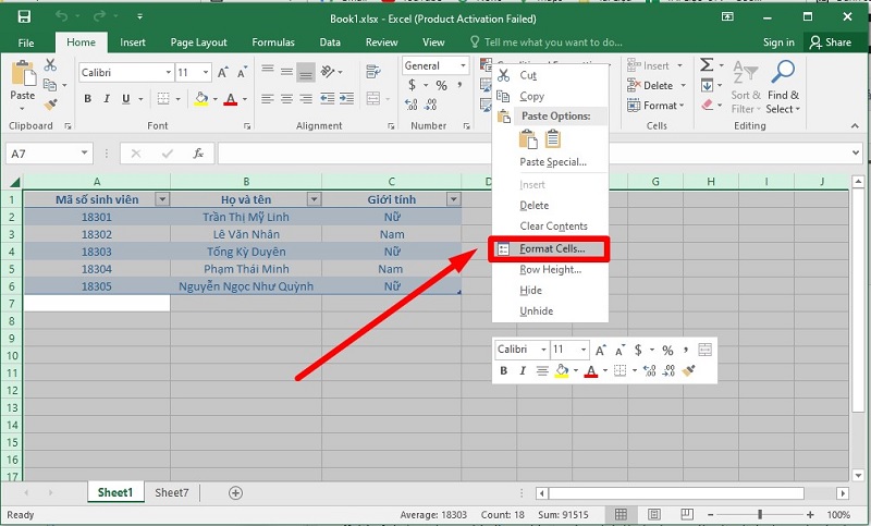 Nhấn chuột phải và chọn tùy chọn Format Cells