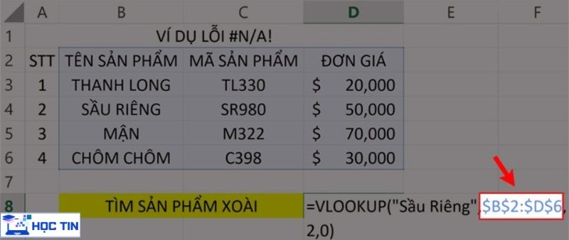 Nhấn phím F4 để cố định vùng dữ liệu