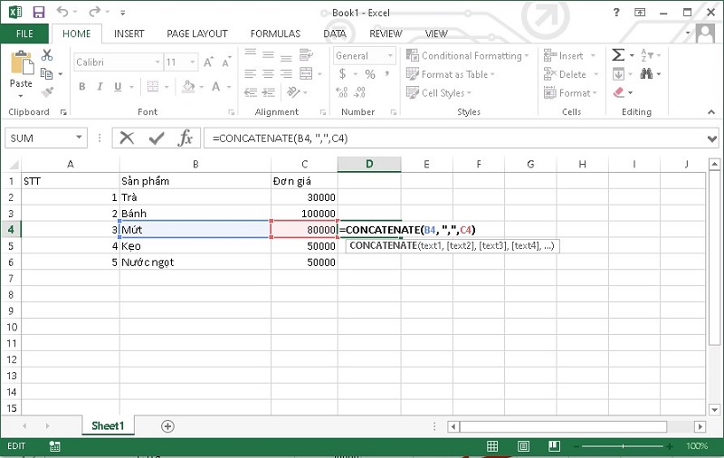nhập công thức hàm CONCATENATE