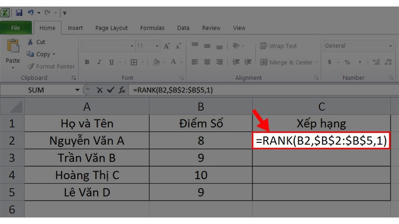 nhập công thức hàm RANK