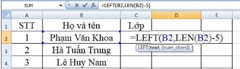 Kết hợp hàm LEFT và hàm LEN