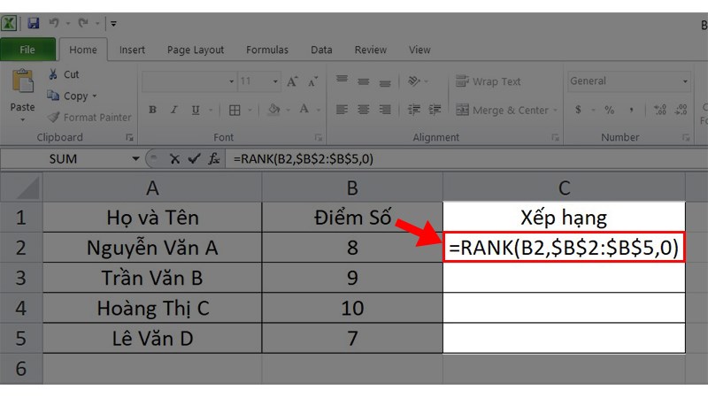 nhập công thức hàm RANK