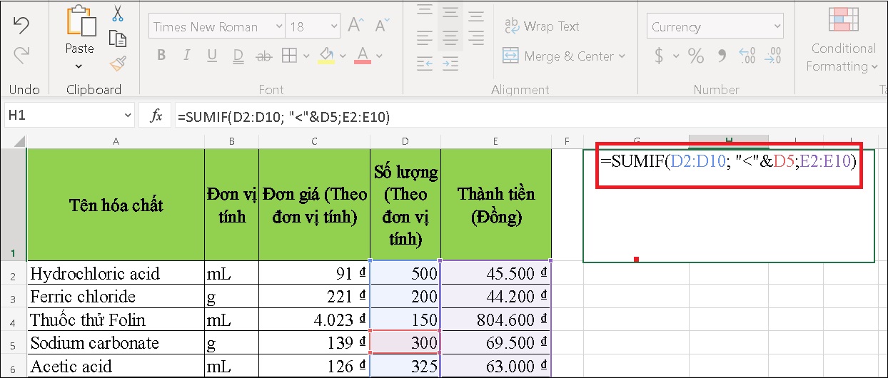 Nhập công thức hàm SUMIF