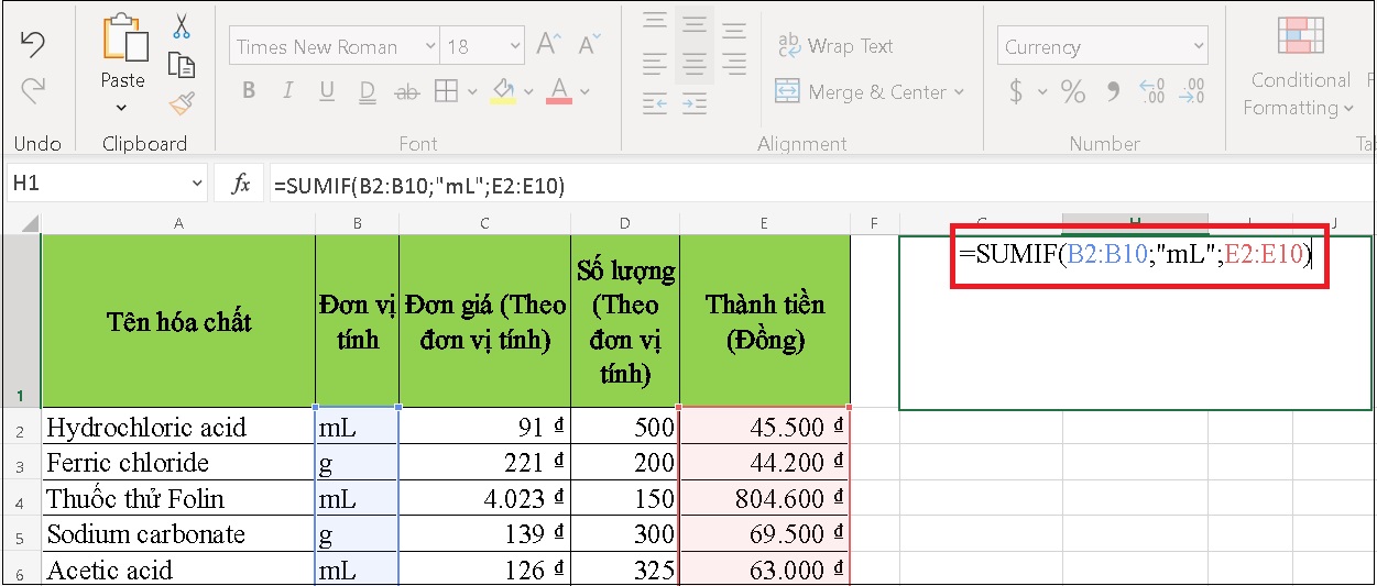 Nhập công thức hàm SUMIF