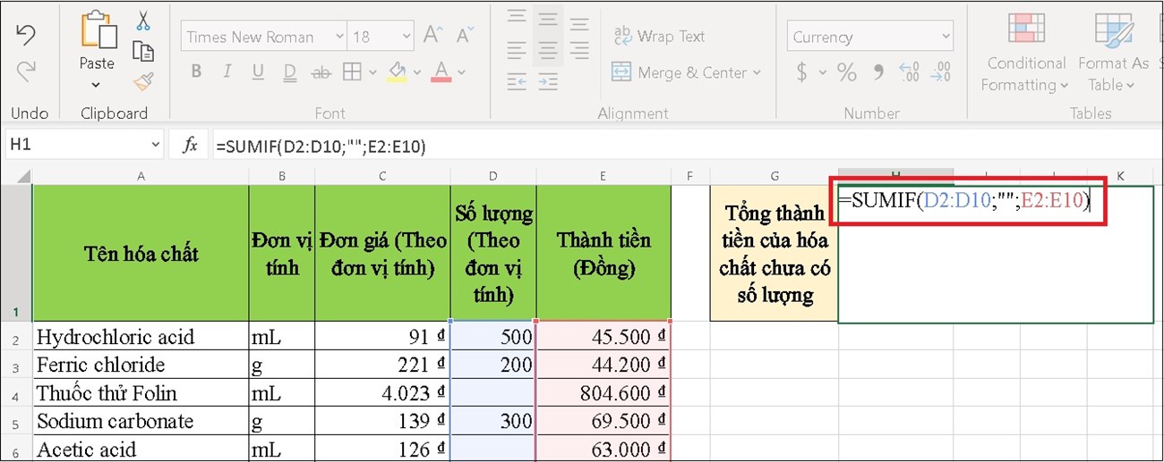 Nhập công thức hàm SUMIF